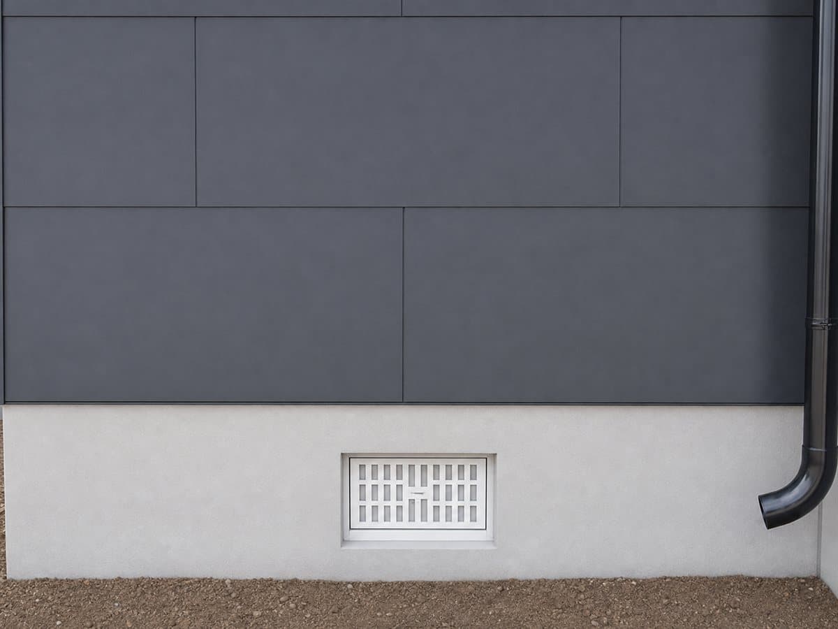 Gray foundation parge coat with vent below dark panel siding