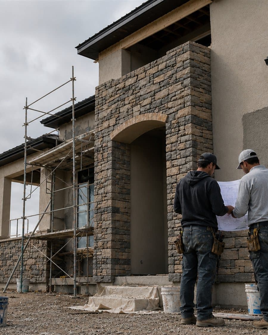Denium crew reviewing blueprints in front of a home under construction